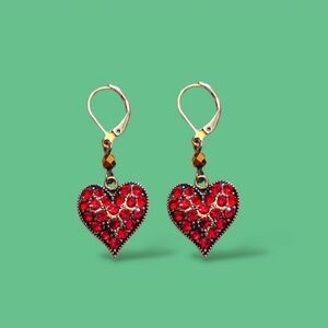 Red Garnet Glass Crystal Rhinestone Heart Earrings
